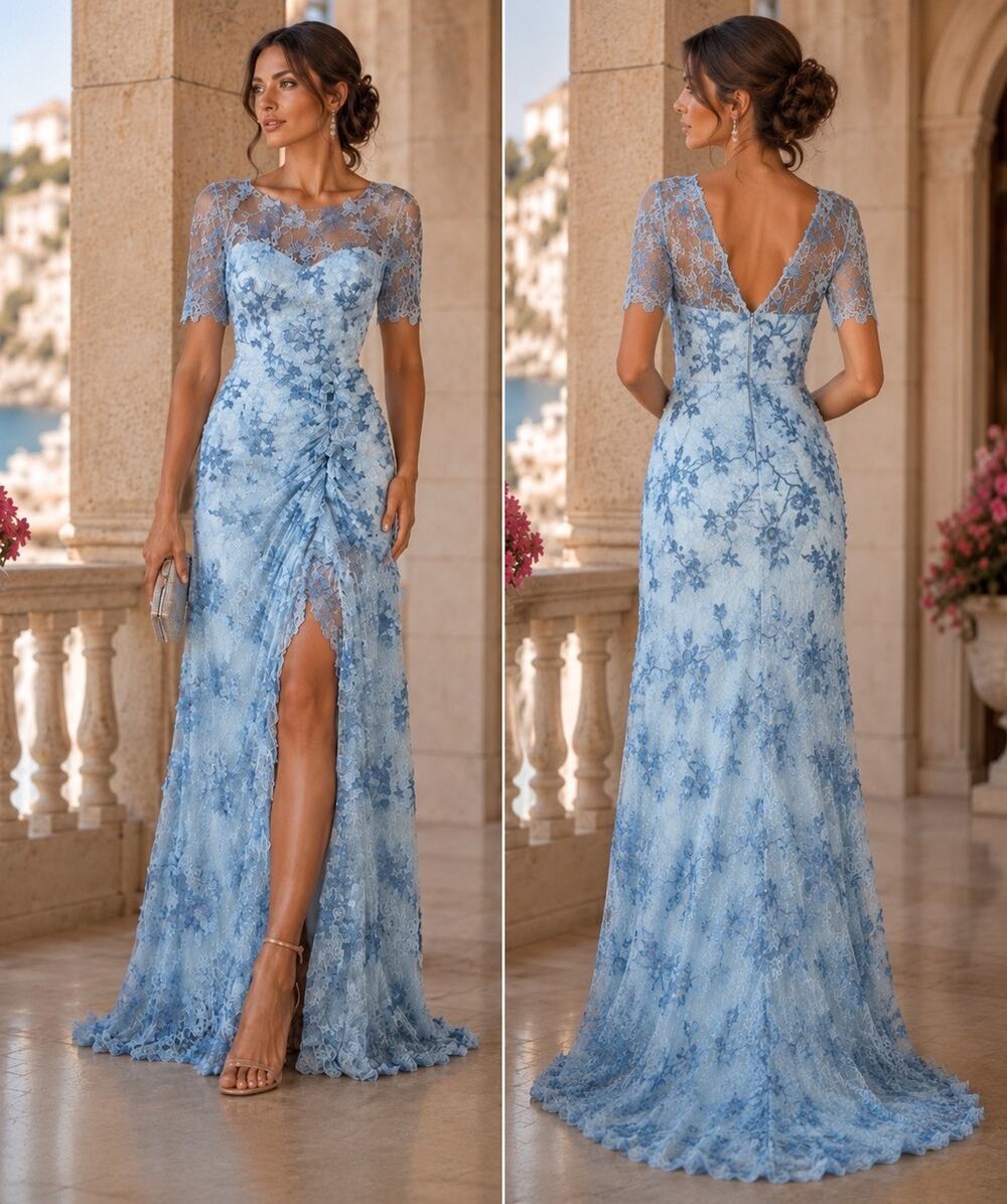 NWT Badgley Mischka Blue Embroidered Lace Formal Gown 10 Wedding Evening Dress